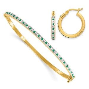 925 Sterling Silver 18K GP Diamond & Green Emerald Hoop Earrings & Bangle Set